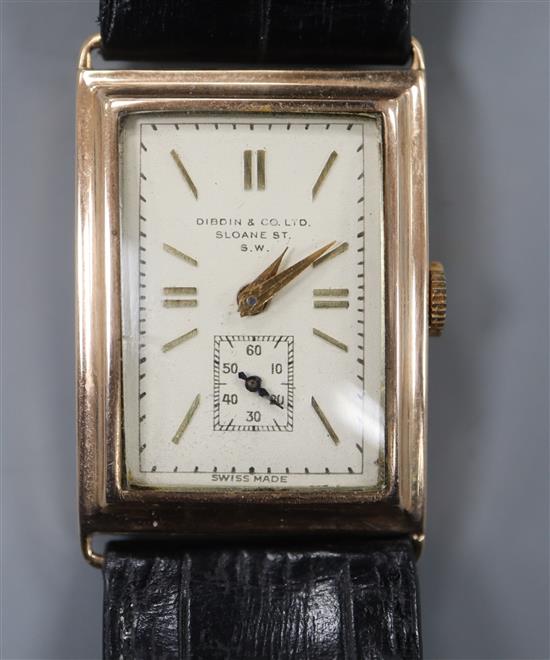 A gentlemans stylish 1930s 9ct gold manual wind wrist watch, retailed by Dibdin & Co.